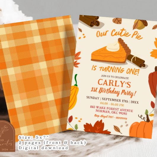 手描き秋パンプキンパイファースト誕生日 招待状