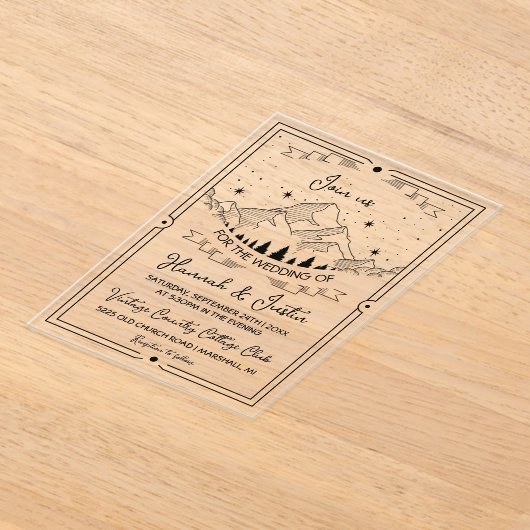 手描き素朴の山の星の空結婚の アクリル招待状 (レイダウン)