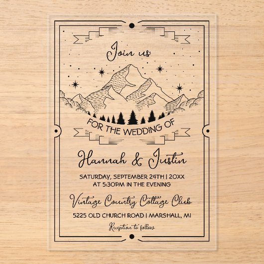手描き素朴の山の星の空結婚の アクリル招待状 (正面)