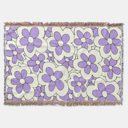 手描き紫とクリームフラワーデザイン スローブランケット (正面)
