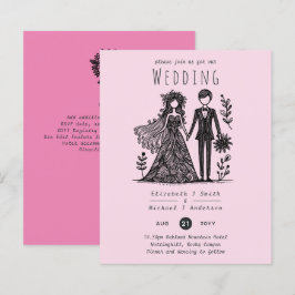 手描き結婚の漫画新郎新婦ピンク