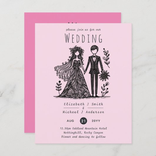 手描き結婚の漫画新郎新婦ピンク (正面/裏面)