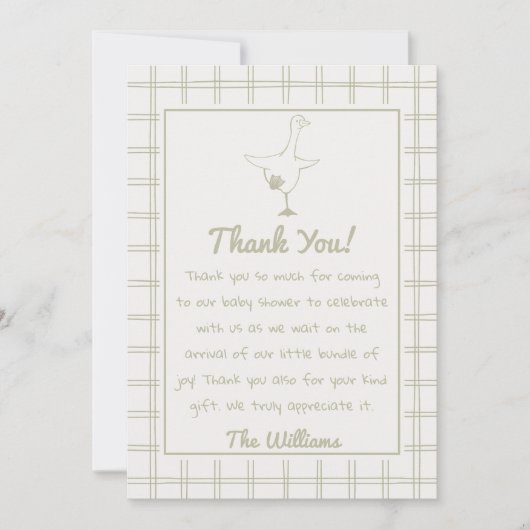 手描き緑のガチョウ間抜けギンガムベビーシャワー サンキューカード (正面)