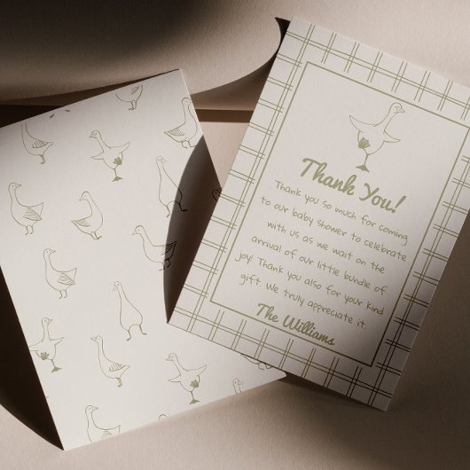 手描き緑のガチョウ間抜けギンガムベビーシャワー サンキューカード