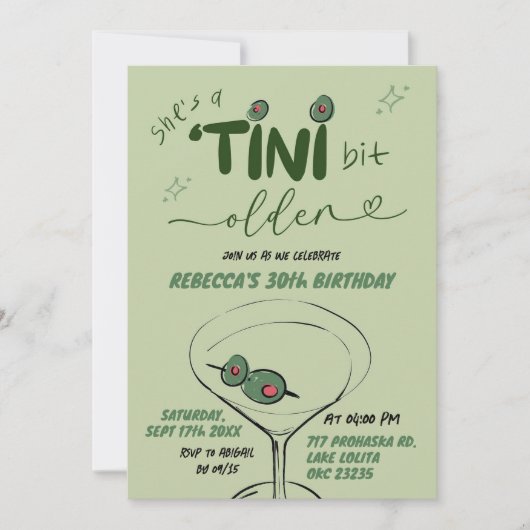 手描き緑の汚いマルティーニ大人誕生日 招待状 (正面)