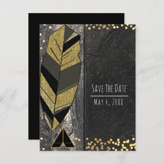 手描き羽根とテペ金ゴールドブラック救日付 案内ポストカード (正面/裏面)