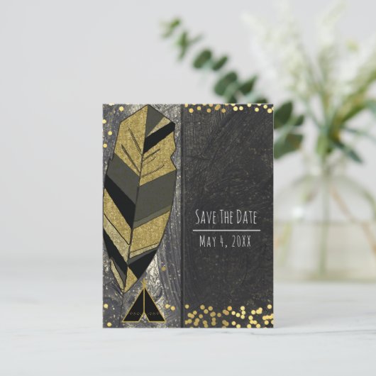 手描き羽根とテペ金ゴールドブラック救日付 案内ポストカード (スタンド正面)