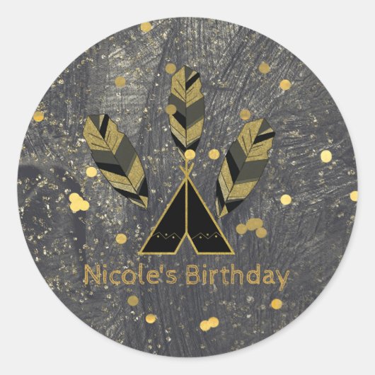 手描き羽毛&テペ金ゴールドブラックボホグラム ラウンドシール (正面)