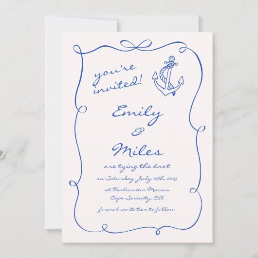 手描き航海の結婚式の日付を保存 招待状 (正面)