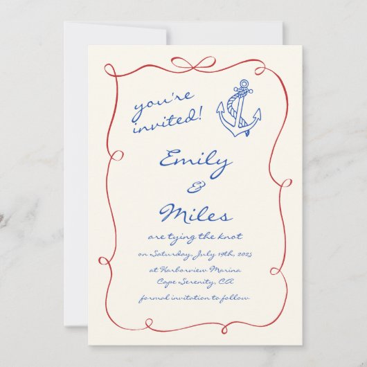 手描き航海の結婚式の日付を保存 招待状 (正面)