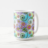 手描き花とつる植物付き紫色のギンガム コーヒーマグカップ (正面右)