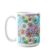 手描き花とつる植物付き紫色のギンガム