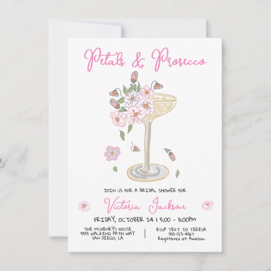 手描き花びらとプレセコブライダルシャワー 招待状 (正面)