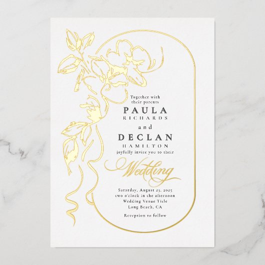 手描き花エレガント白結婚色 箔招待状 (正面)