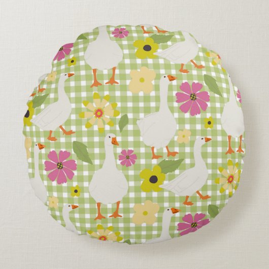 手描き花付きかわいい鵞鳥 – 緑チェック ラウンドクッション (正面)