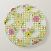 手描き花付きかわいい鵞鳥 – 緑チェック ラウンドクッション (裏面)