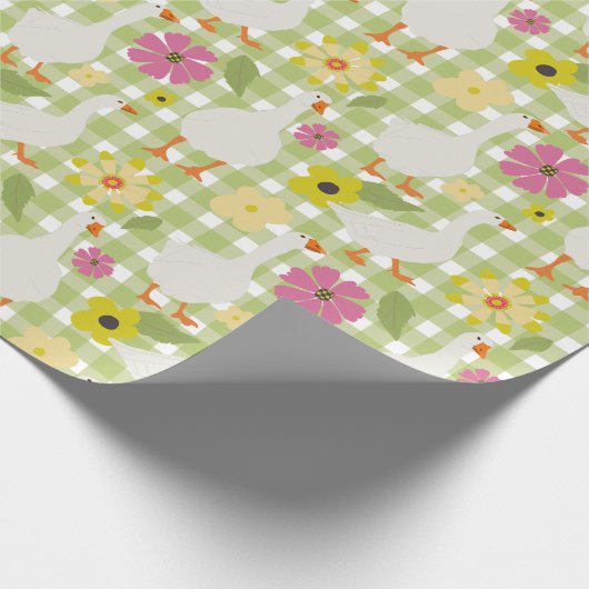 手描き花付きかわいい鵞鳥 – 緑チェック ラッピングペーパー (角)