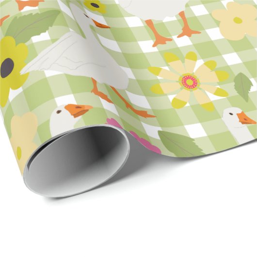 手描き花付きかわいい鵞鳥 – 緑チェック ラッピングペーパー (ロールコーナー)