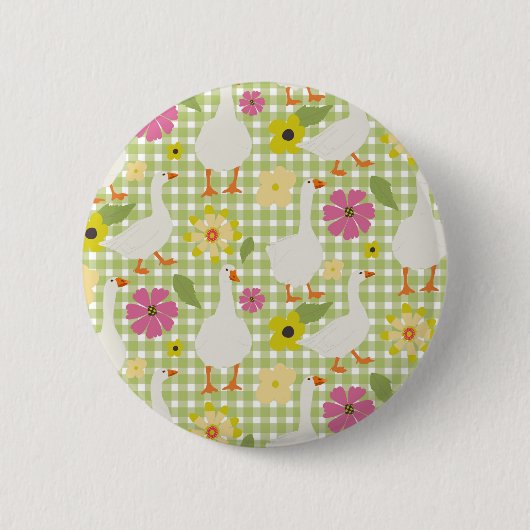 手描き花付きかわいい鵞鳥 – 緑チェック 缶バッジ (正面)