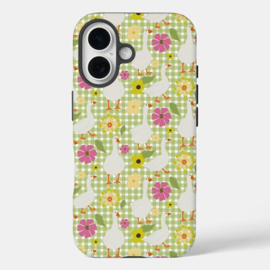 手描き花付きかわいい鵞鳥 – 緑チェック Case-Mate iPhoneケース (裏面)