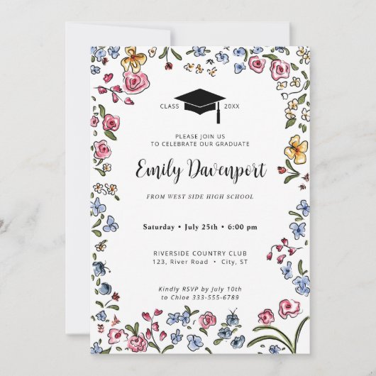 手描き花後部卒業写真 招待状 (正面)