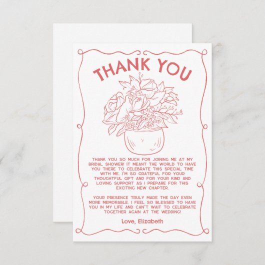 手描き花枠珊瑚赤サンキューカード 招待状 (正面/裏面)