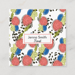 手描き花模様コーラルブルーガーデンフローリスト スクエア名刺