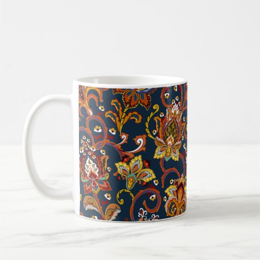 手描き花：カラフルネイビーパターン コーヒーマグカップ (左)