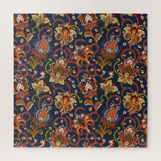 手描き花:カラフルネイビーパターン ジグソーパズル (縦)