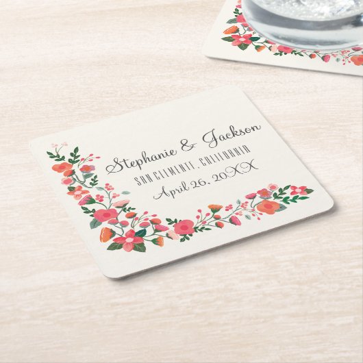 手描き花 スクエアペーパーコースター (アングル)