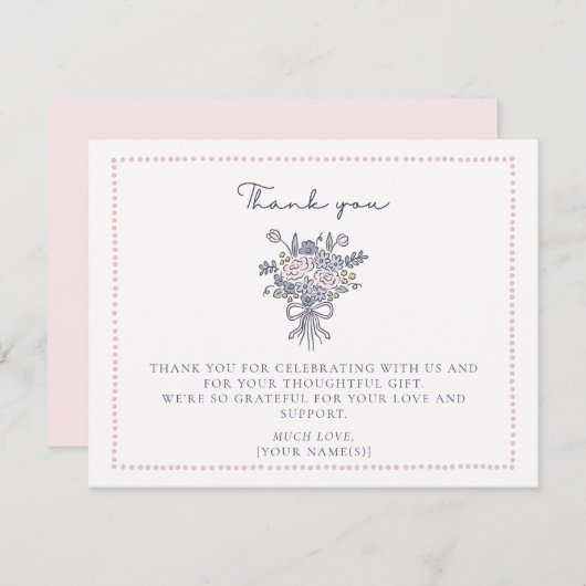 手描き花、枠点々のあるサンキューカード 招待状 (正面/裏面)