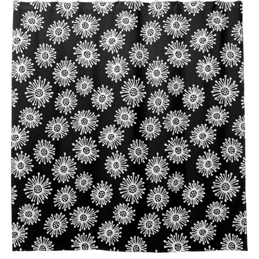 手描き花 – 白（黒） シャワーカーテン (正面)