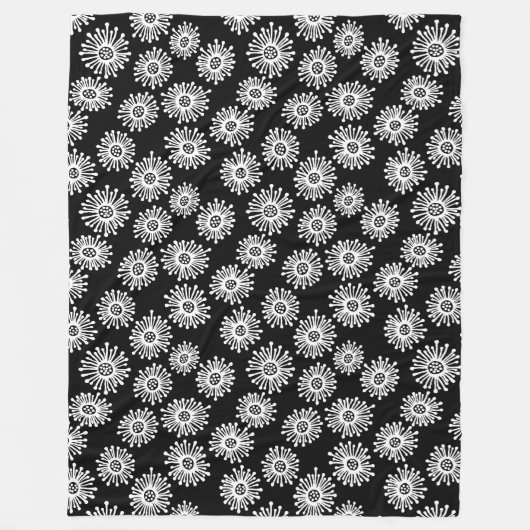 手描き花 – 白(黒) フリースブランケット (正面)