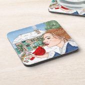 手描き英語コテージと(鳥)ショウジョウコウカンチョウ コースター (左側)