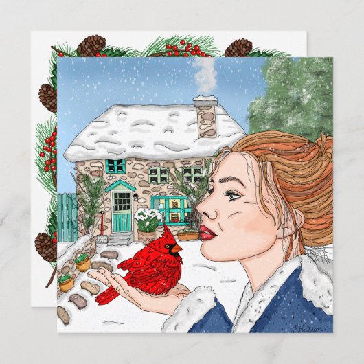 手描き英語コテージと（鳥）ショウジョウコウカンチョウ シーズンカード (正面/裏面)