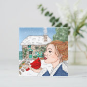 手描き英語コテージと(鳥)ショウジョウコウカンチョウ シーズンカード (スタンド正面)