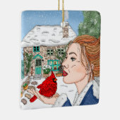 手描き英語コテージと(鳥)ショウジョウコウカンチョウ セラミックオーナメント (右)