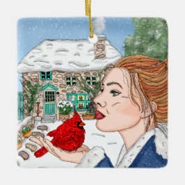 手描き英語コテージと(鳥)ショウジョウコウカンチョウ セラミックオーナメント