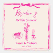 手描き落書きレトロピンクリボン ブライダルシャワー スクエアシール (正面)