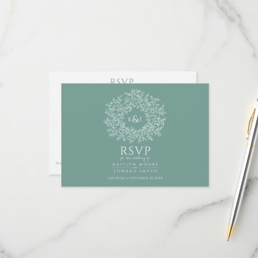 手描き葉モノグラムセージ緑RSVP 結婚's 出欠カード (正面/裏面インサイチュ)