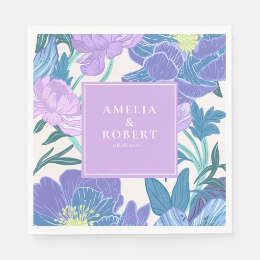 手描き薄紫とパープルパステルフローラ結婚ズ スタンダードランチョンナプキン (正面)