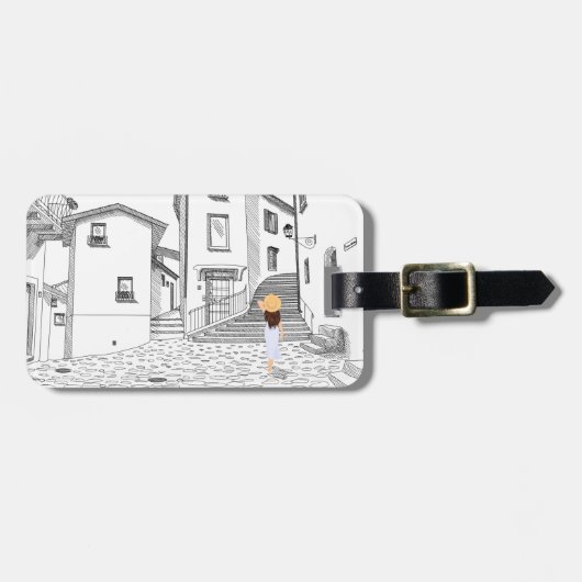 手描き街並み付きカスタマイズ可能な荷札 ラゲッジタグ (正面横)