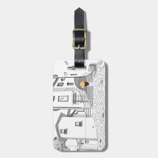 手描き街並み付きカスタマイズ可能な荷札 ラゲッジタグ (正面縦)