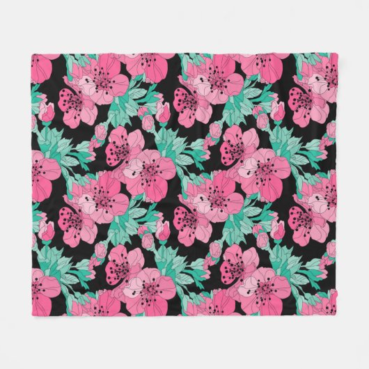 手描き装飾さくらんぼ花模様 フリースブランケット (正面(横))