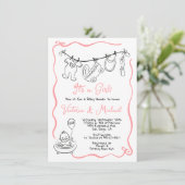 手描き赤お洒落ちゃんシャワー物干し少女 招待状 (スタンド正面)