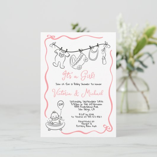 手描き赤お洒落ちゃんシャワー物干し少女 招待状 (スタンド正面)