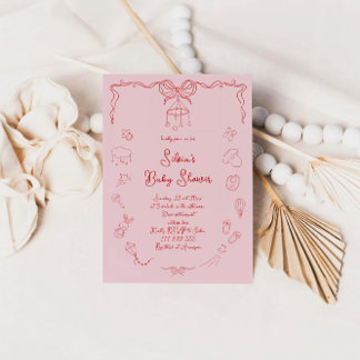 手描き赤ちゃんシャワー、弓ベビーガール手書き 招待状