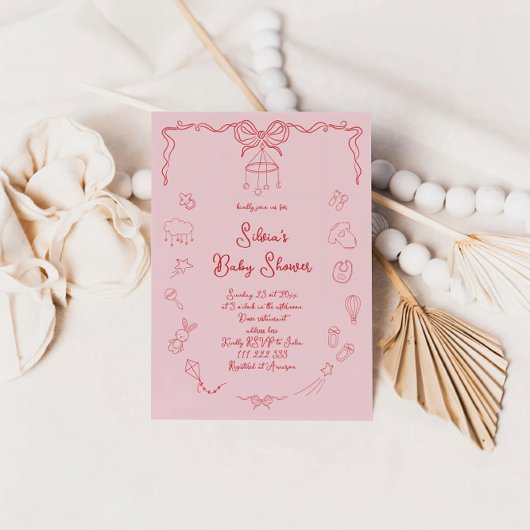 手描き赤ちゃんシャワー、弓ベビーガール手書き 招待状
