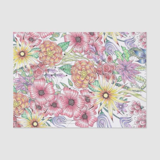 手描き赤オレンジ黄色の花と離れ花 薄葉紙 (正面)