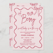 手描き赤ピンクいちご赤ちゃんシャワー 招待状 (正面/裏面)